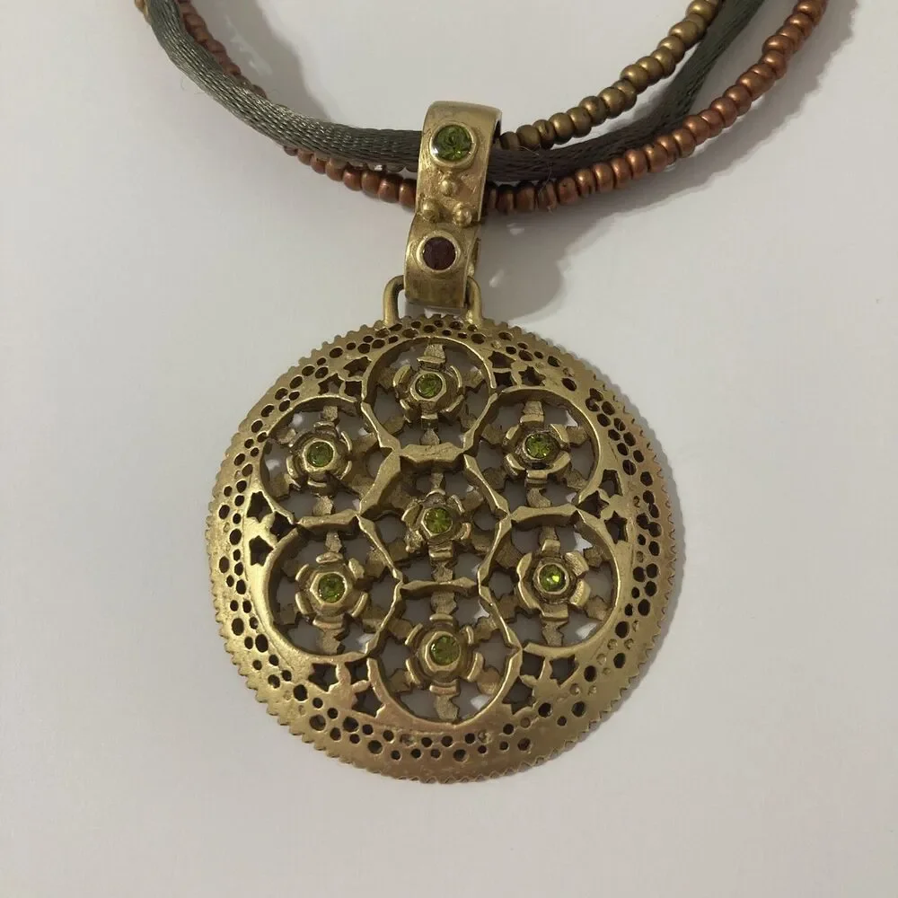 Premier Designs Gold Tone Green Seed Beaded Pendant Medallion Necklace Bohemian
